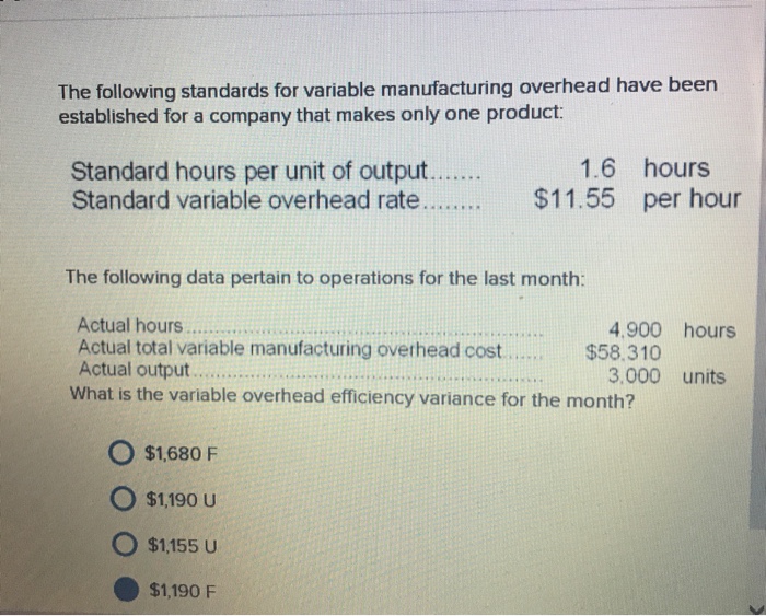  The following standards for variable manufacturing overhead have been established for