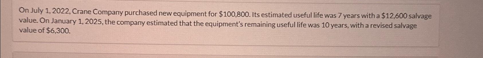  On July 1,2022, Crane Company purchased new equipment for $100,800. Its