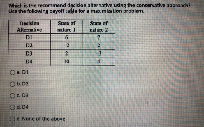  Which is the recommend decision alternative using the conservative approach? Use