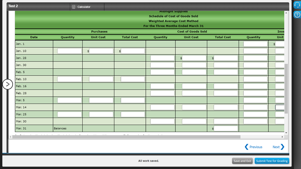 beginning inventory for Midnight Supplies and data on purchases and sales for