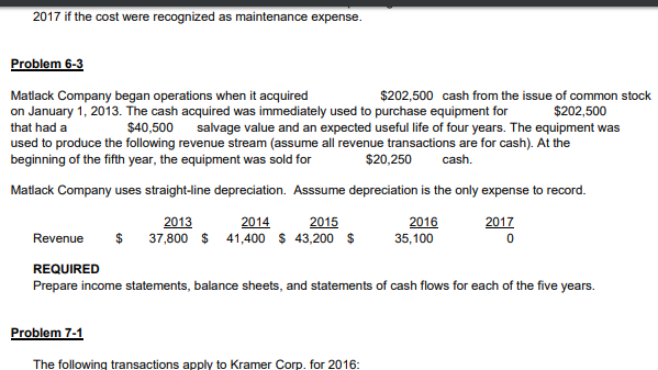 2017 if the cost were recognized as maintenance expense Problem 6-3