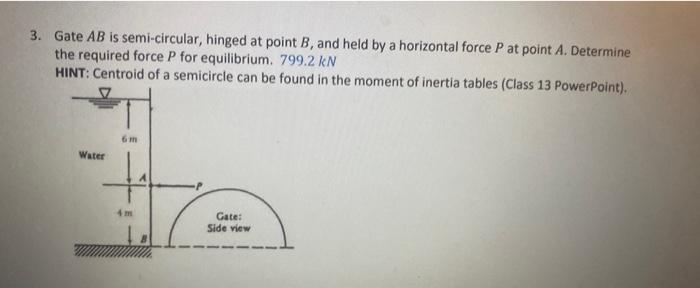 answer given show how found 3. Gate AB is semi-circular, hinged at