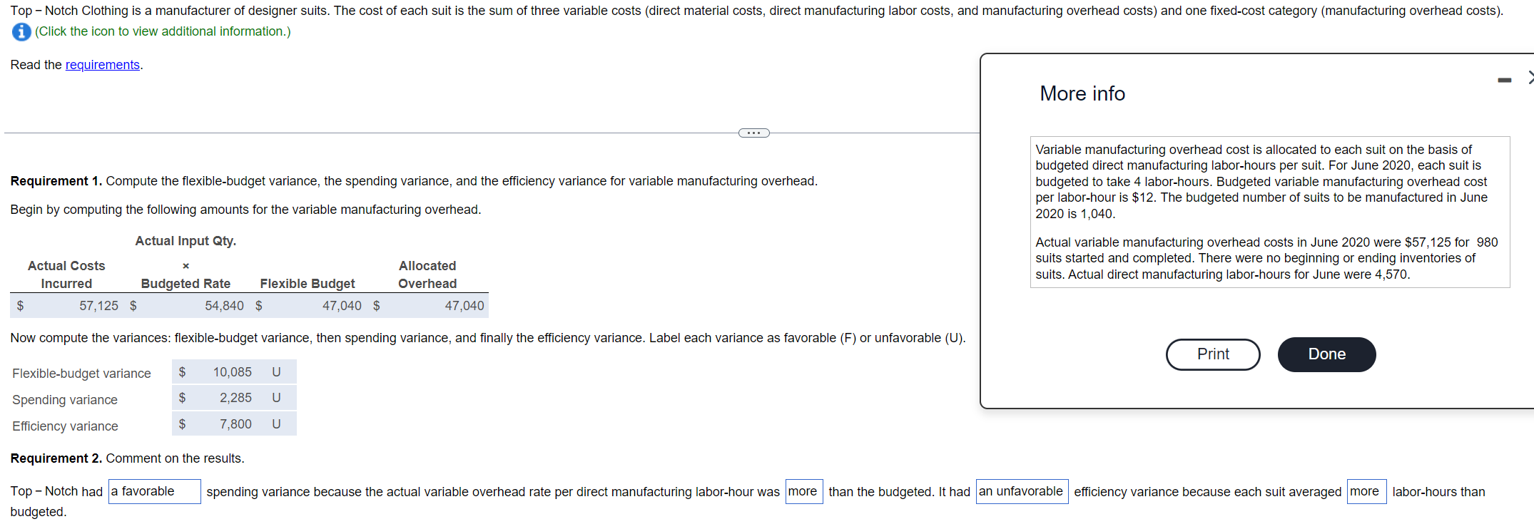 RRequirment 2 only. Variable manufacturing overhead cost is allocated to each suit