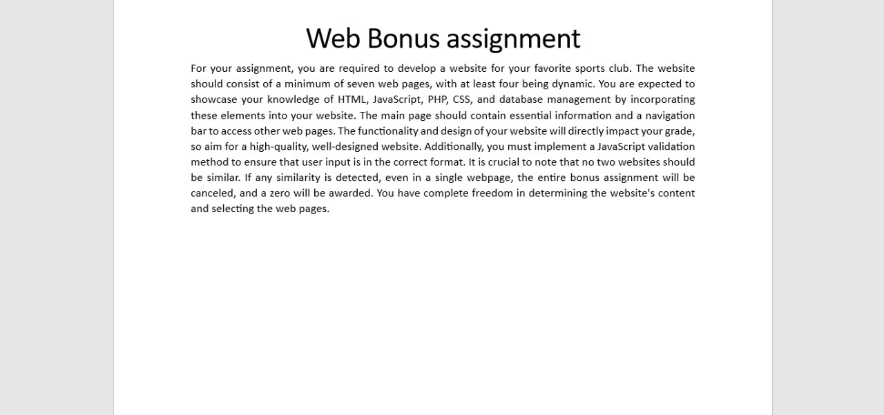  Web Bonus assignment For your assignment, you are required to develop