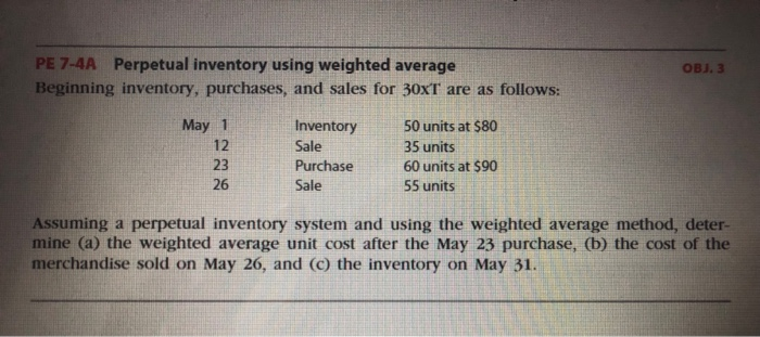  PE 7-4A Perpetual inventory using weighted average Beginning inventory, purchases, and