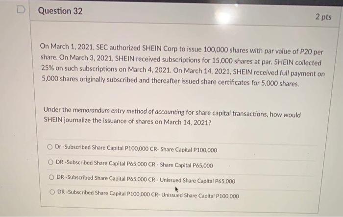  D Question 32 2 pts On March 1, 2021. SEC authorized