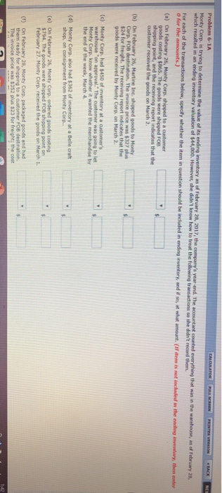  CALCLATOR PULL SCREEN PRINTER VERSIONE BACK NE: Problem 6-1A Monty Corp.