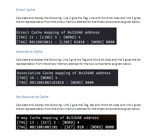 specifies the three different cache mapping of direct, associative, and set-associative. The