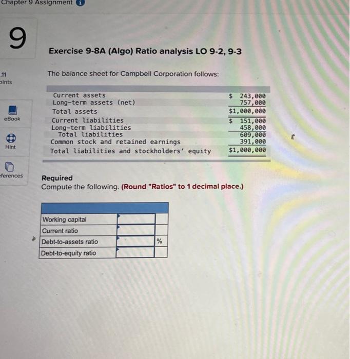 Chapter 9 Assignment 11 9 Exercise 9-8A (Algo) Ratio analysis LO 9-2,