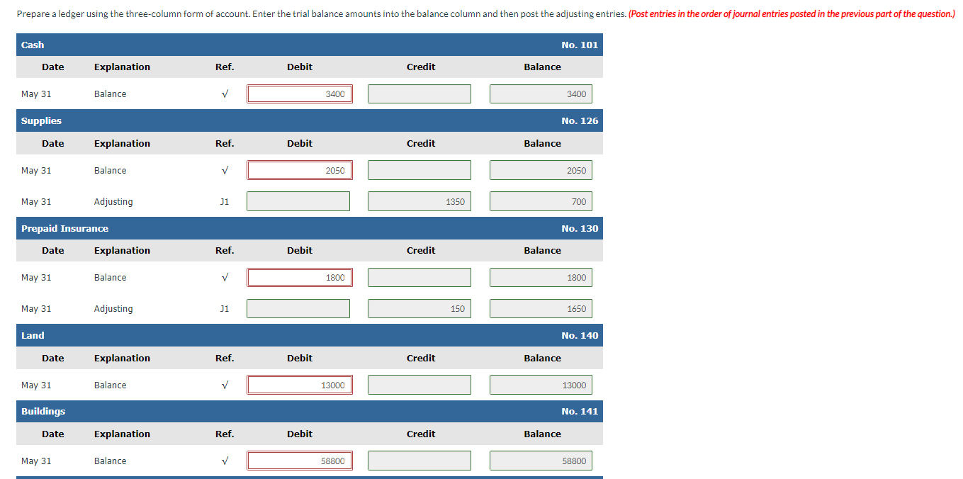 before adjustment on May 31 is as follows. Other data: 1. Prepaid