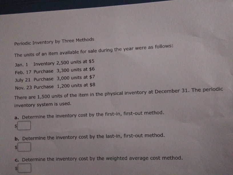 year: Jan. 1 Inventory 4,000 units at $40 Apr. 19 Sale 2,500