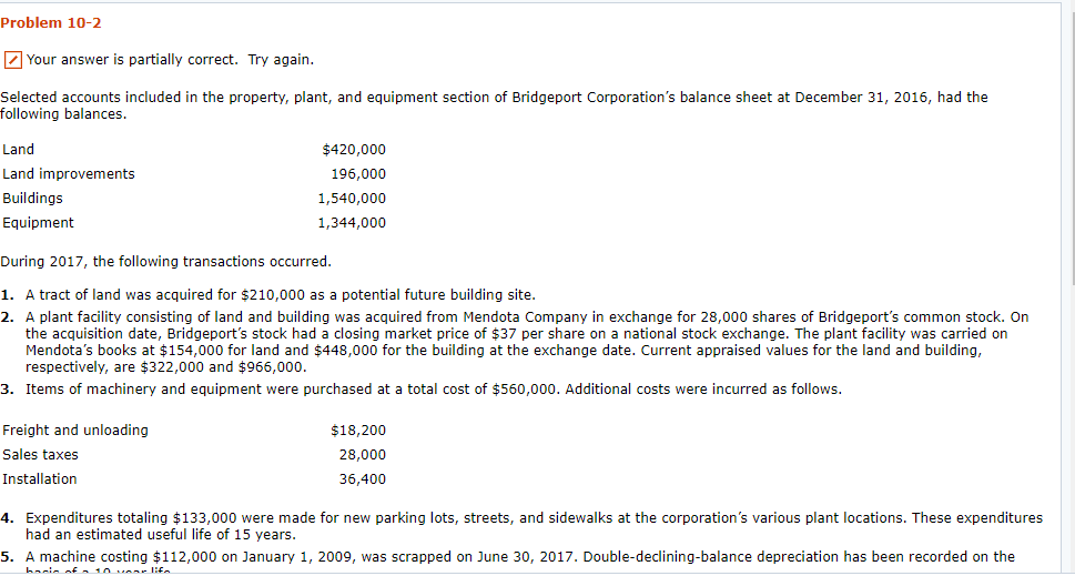  Problem 10-2 Your answer is partially correct. Try again Selected accounts