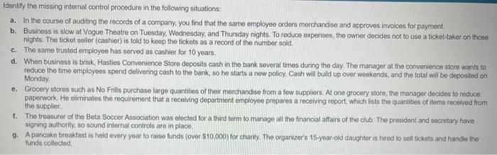  Identify the missing internal control procedure in the following situations: a.