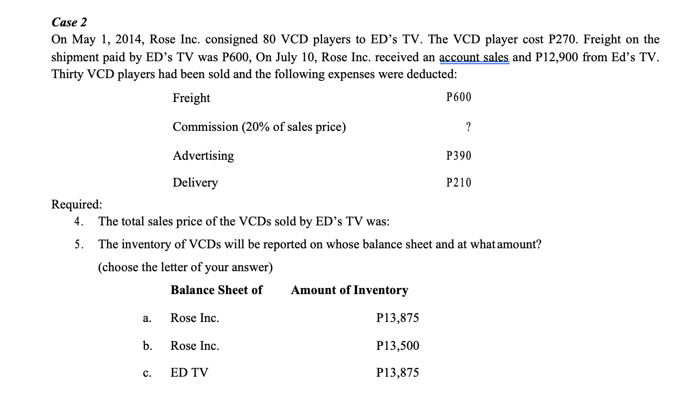 Case 2 On May 1, 2014, Rose Inc. consigned 80 VCD