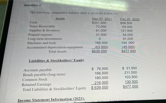  Question 3 The following comparative balance sheet is given for Estern