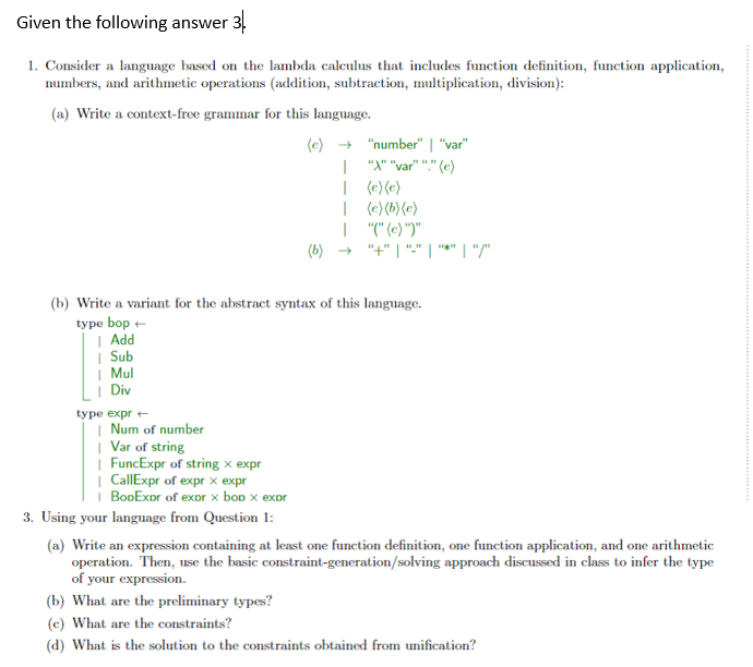  Given the following answer 3. Consider a language based on the