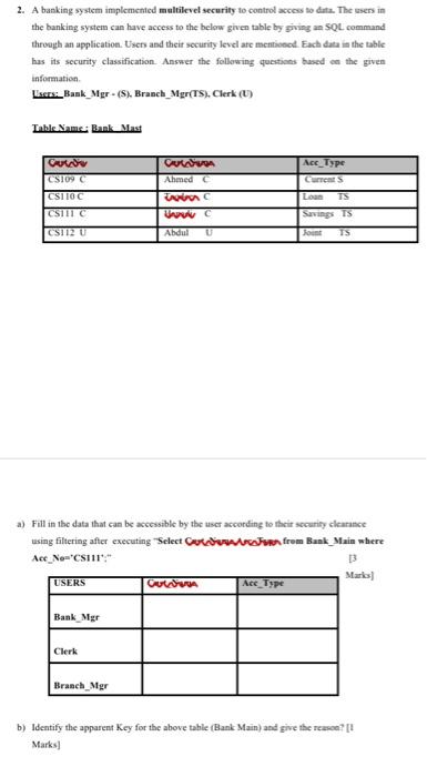  2. A banking system implemented multilevel security to control access to
