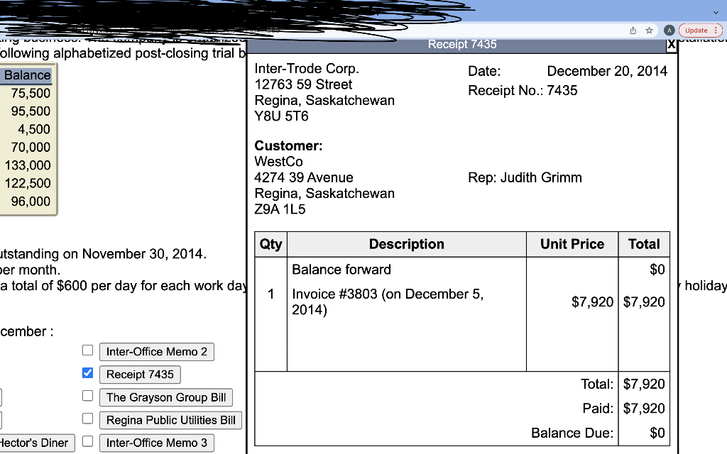 Purchase Order 5409 Customer Statement for South Co Invoice 3804 Receipt 7435