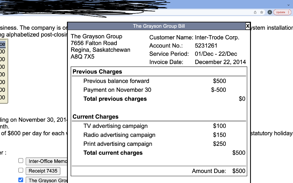 Receipt 7434 The Grayson Group Bill Receipt 3085 Regina Public Utilities Bill