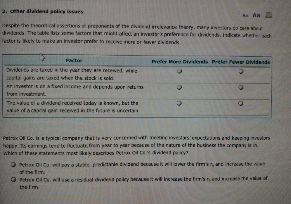 2. Other dividend policy issues Aa Aa E Despite the theoretical