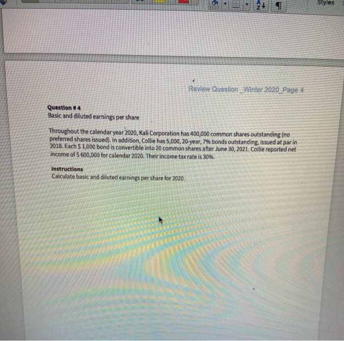  OT Review Question Winter 2020_Page 4 Question Basic and diluted earnings