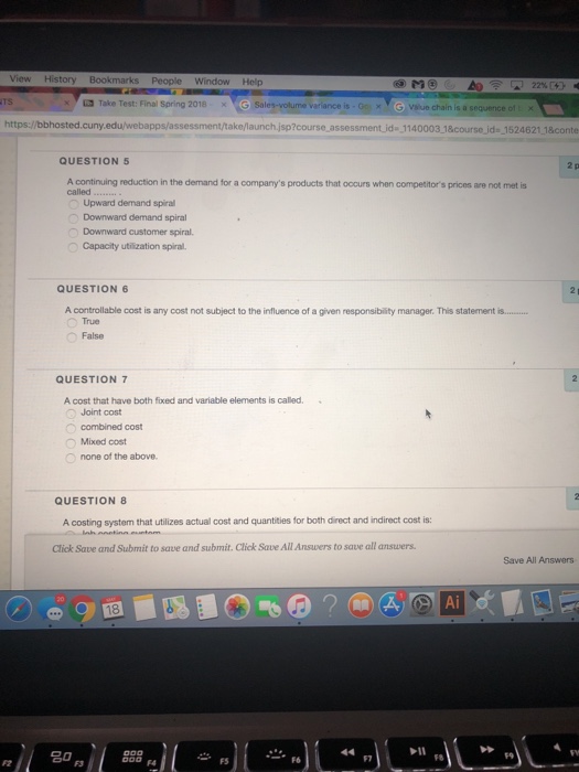  View History Bookmarks People Window Help Take Test: Final Spring 2018