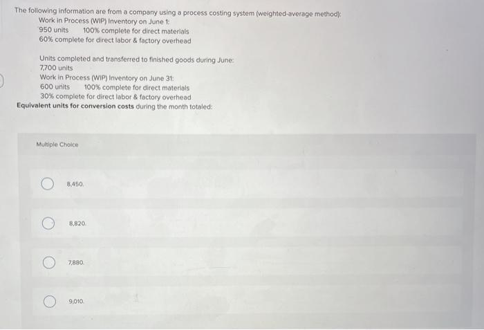 system (weighted average methody Work in Process (WIP) Inventory on June 1: