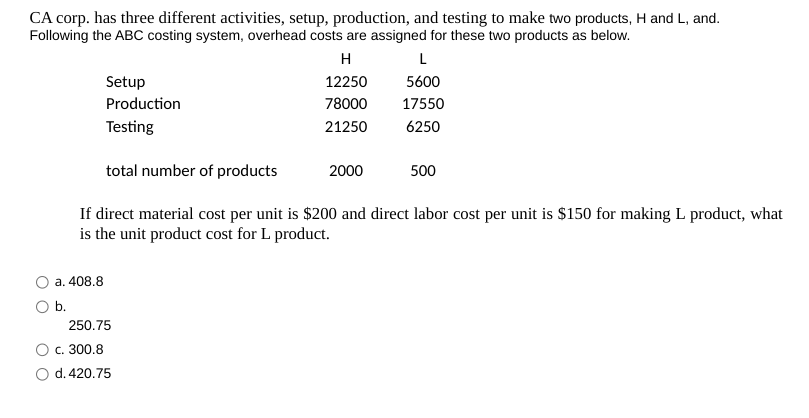 CA corp. has three different activities, setup, production, and testing to