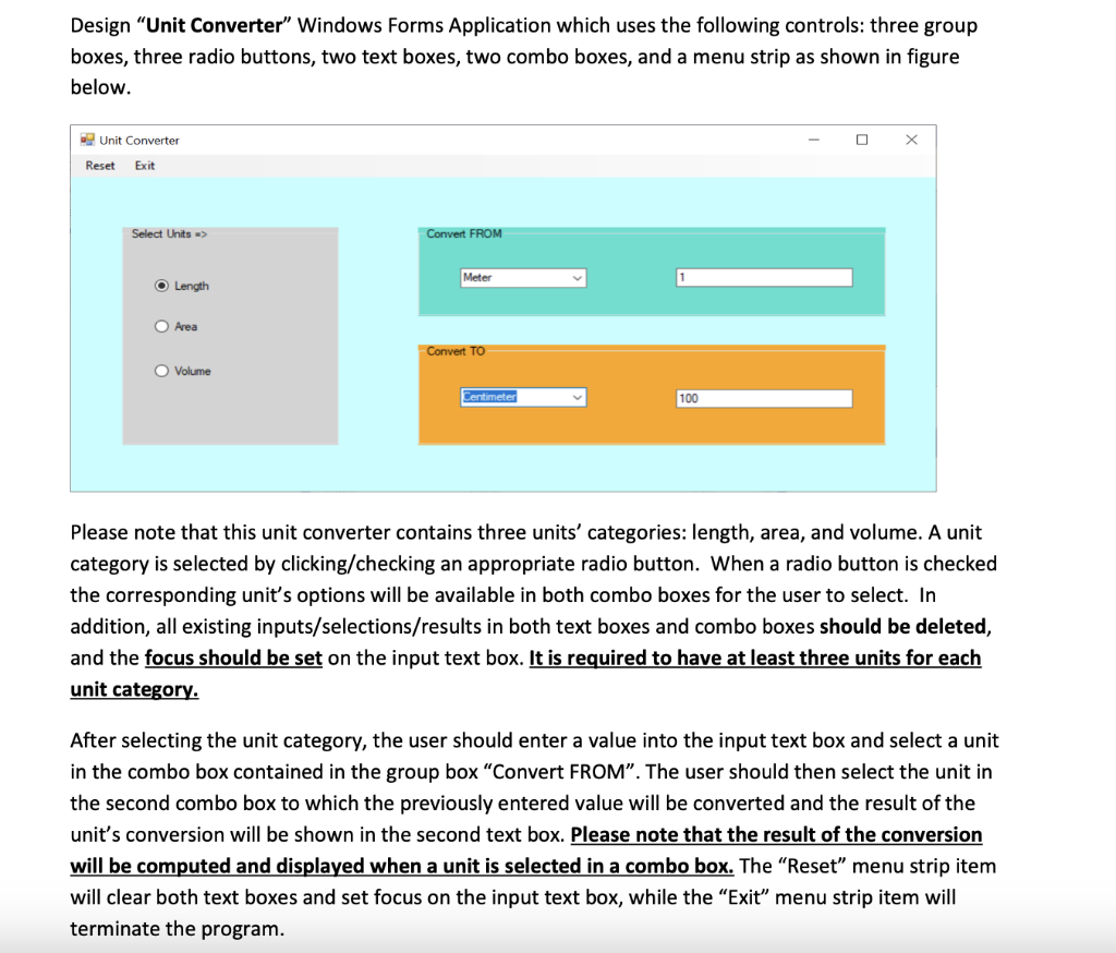  Code language C#. Design "Unit Converter" Windows Forms Application which uses