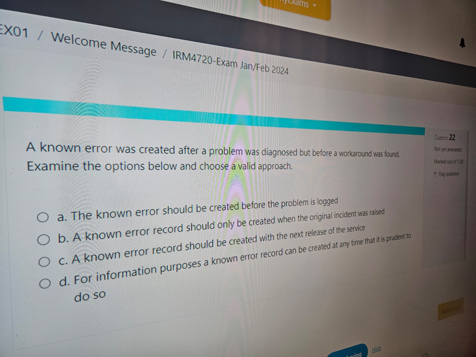  A known error was created after a problem was diagnosed but