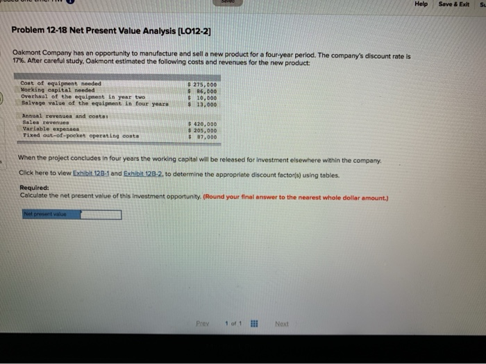  Help Save & Exits Problem 12-18 Net Present Value Analysis (L012-2]