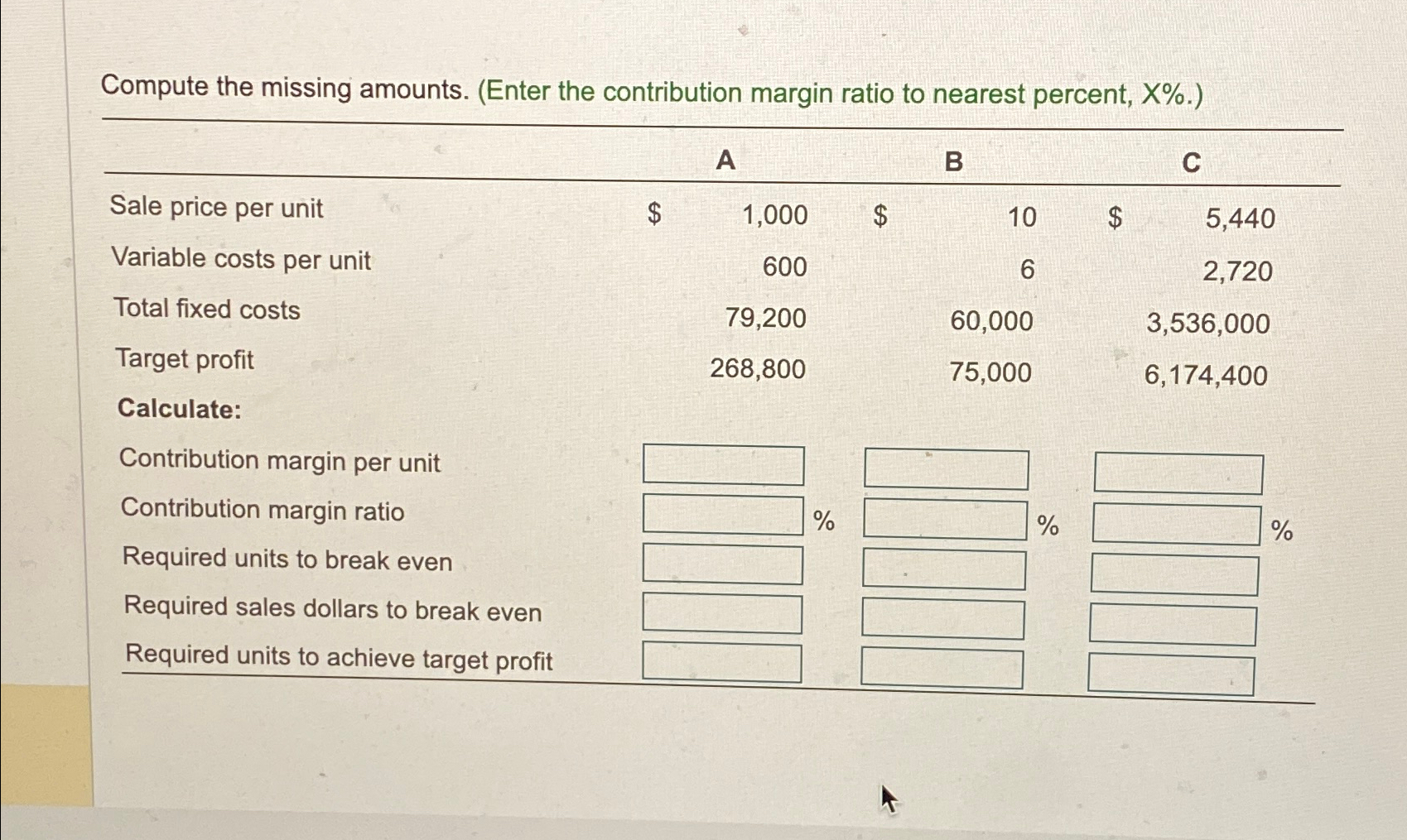  Compute the missing amounts. (Enter the contribution margin ratio to nearest