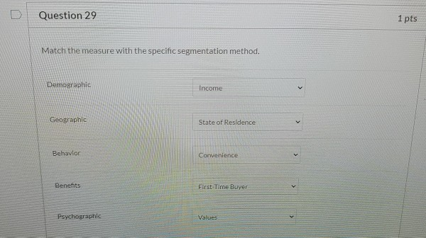  Question 29 1 pts Match the measure with the specific segmentation