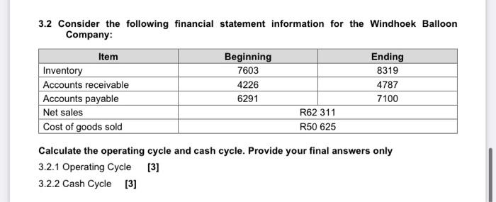 Please help 3.2 Consider the following financial statement information for the Windhoek