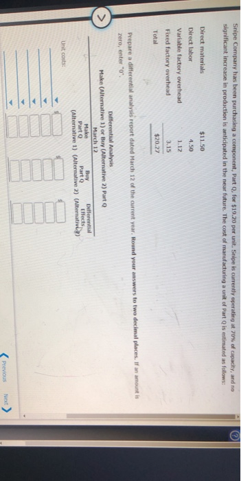  Snipe Company has been purchasing a component, Part for $19.20 per