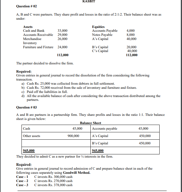 solve q2 and q3 please KASBIT Question #02 A, B and C