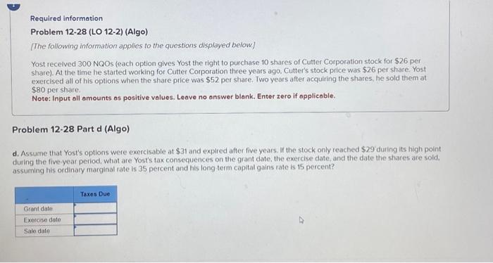 Please bold final answer Required information Problem 12-28 (LO 12-2) (Algo) [The