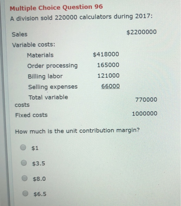  Multiple Choice Question 96 A division sold 220000 calculators during 2017: