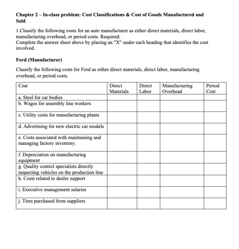 Chapter 2 - In-class problem: Cost Classifications \& Cost of Goods
