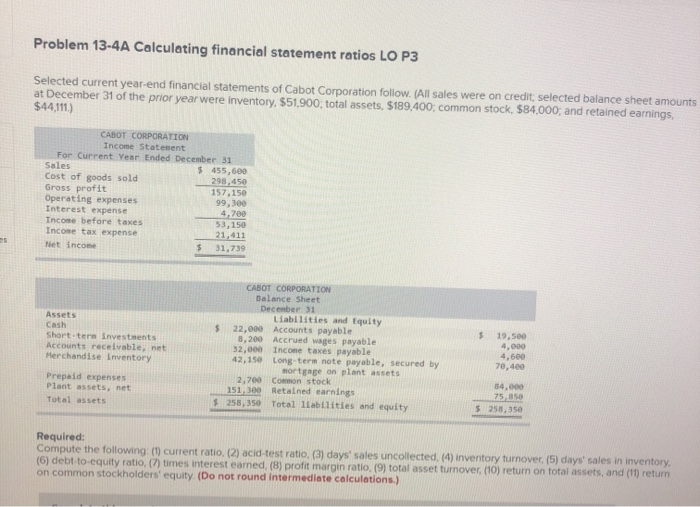  Problem 13.4A Calculating financial statement ratios LO P3 Selected current year-end
