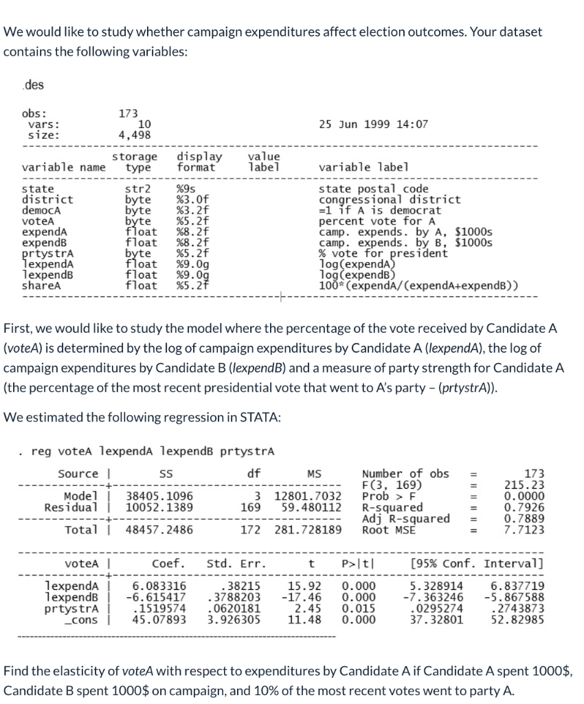  We would like to study whether campaign expenditures affect election outcomes.