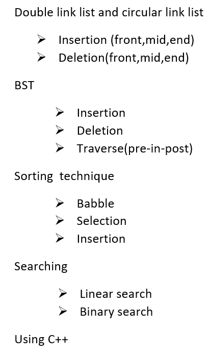 Double link list and circular link list Insertion (front,mid,end) Deletion(front,mid,end) BST