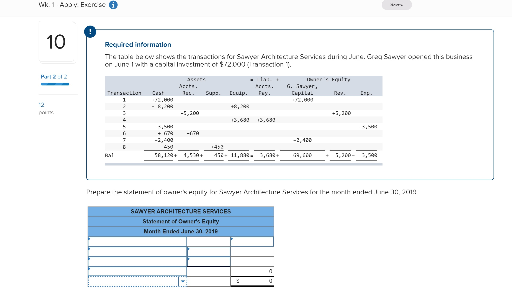 Wk. 1- Apply: Exercise Saved 10 Required Information The table below