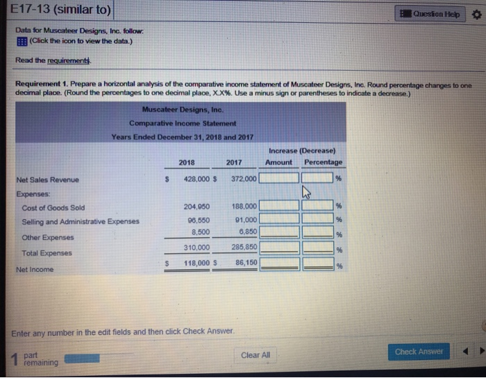  s17-13 please show your work E17-13 (similar to) Quesion Help Data