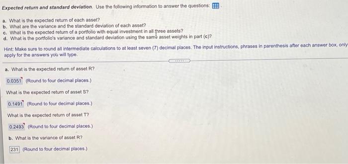  Expected return and standard deviation. Use the following information to answer