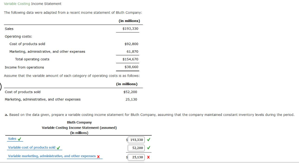  Variable Costing Income Statement The following data were adapted from a