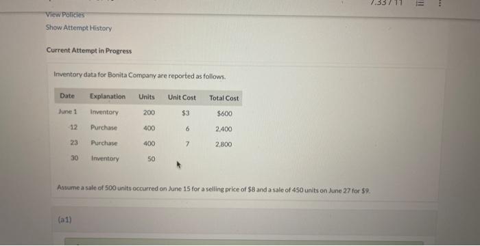  Current Attempt in Progress Inventory data for Bonita Company are reported