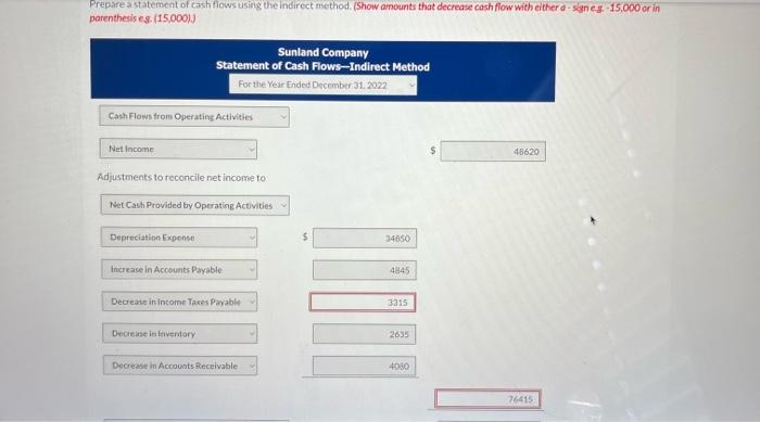  Prepare a statement of cash flows using the Indirect method. (Show