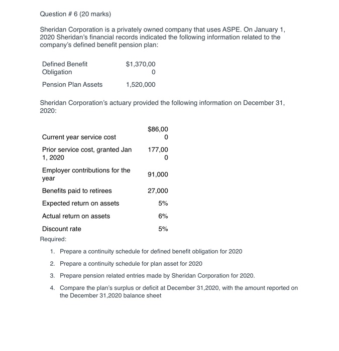  Question # 6 (20 marks) Sheridan Corporation is a privately owned