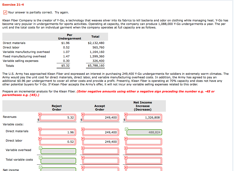  Exercise 21-4 Your answer is partially correct. Try again Klean Fiber